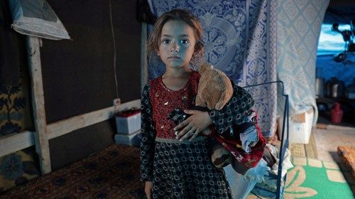 Rawan al-Aziz, a 6-year-old Syrian displaced child, from Southern Idlib countryside, poses for a ...
