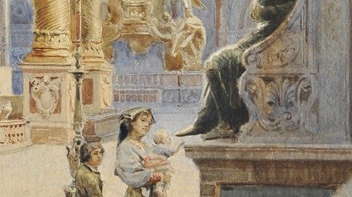 Particolare di un acquerello di pittore anonimo del XIX secolo raffigurante una scena di devozione popolare a San Pietro 