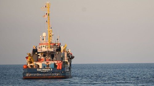 FILE PHOTO: The Sea-Watch 3 rescue ship leaves after migrants disembarked at the port in Lampedusa, ...