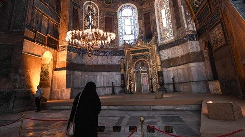 A woman visits the inside of Hagia Sophia on July 10, 2020, in Istanbul, before a top Turkish court ...