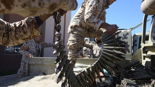 (FILES) In this file photo taken on April 08, 2019, fighters from a Misrata armed group loyal to the ...