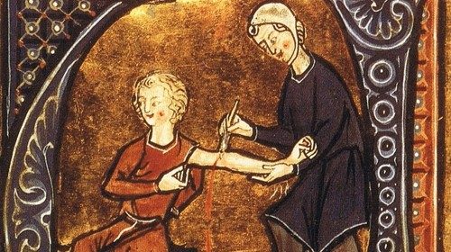 Un medico al lavoro in una miniatura tratta da un manoscritto del XIII secolo Un medico al lavoro in una miniatura tratta da un manoscritto del XIII secolo