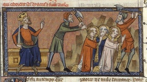 Richard de Montbaston e collaboratori. Vite dei Santi. Martyre de saint Sixte II et de ses diacres (Fol. 96v, XIV secolo)