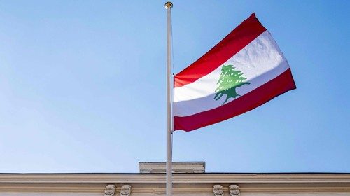 The Lebanon flag hangs at half-mast at the Embassy of Lebanon in The Hague, The Netherlands on ...