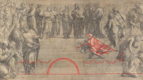 Pinacoteca Ambrosiana, Raffaello, Cartone preparatorio per la Scuola di Atene, con evidenziato il disegno di pianta a sanguigna (Foto © Pinacoteca Ambrosiana)