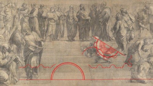 Pinacoteca Ambrosiana, Raffaello, Cartone preparatorio per la Scuola di Atene, con evidenziato il disegno di pianta a sanguigna (Foto © Pinacoteca Ambrosiana) Pinacoteca Ambrosiana, Raffaello, Cartone preparatorio per la Scuola di Atene, con evidenziato il disegno di pianta a sanguigna (Foto © Pinacoteca Ambrosiana)