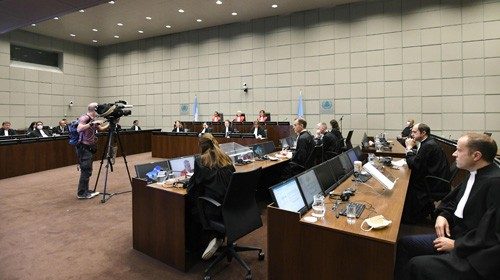 A picture taken on August 18, 2020 shows the court room during a session of the UN-backed Special ...