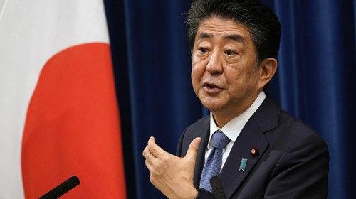 epa08631120 Japanese Prime Minister Shinzo Abe speaks during a press conference at the prime ...