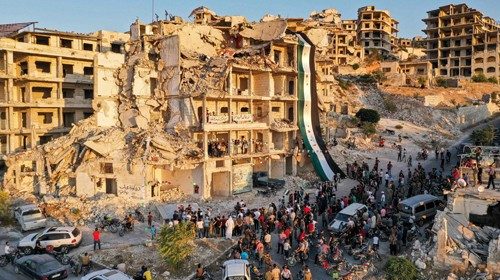 This picture taken on August 28, 2020 shows an aerial view of Syrians gathering for a demonstration ... This picture taken on August 28, 2020 shows an aerial view of Syrians gathering for a demonstration ...