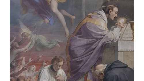 Pietro Gagliardi, «San Nicola da Tolentino intercede per le anime del Purgatorio» (1860 ca., Roma, basilica di S. Agostino) Pietro Gagliardi, «San Nicola da Tolentino intercede per le anime del Purgatorio» (1860 ca., Roma, basilica di S. Agostino)