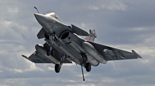 (FILES) This file photo taken on February 10, 2020 shows a French Rafale fighter jet approaching to ...
