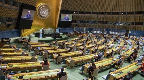 epa08686956 A handout photo made available by UN photo shows a view of the 75th General Assembly of ...