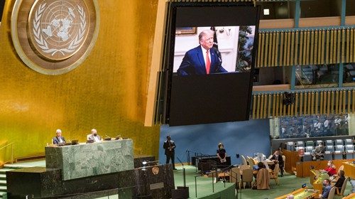 Trump durante il videomessaggio all’assemblea generale dell’Onu (Reuters)
