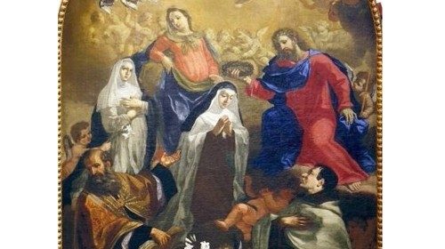 Dioniso Montorselli, «Santa Maria Maddalena de' Pazzi incoronata di spine da Cristo con i santi Agostino e Caterina da Siena» (Siena, 1653-1690)