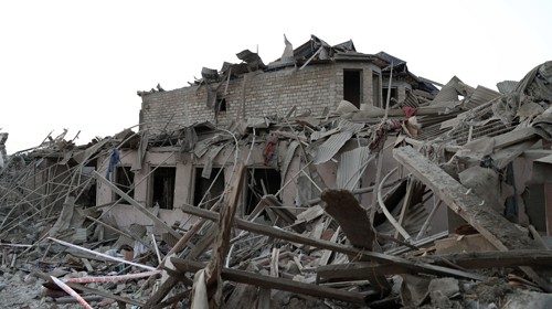 epa08751898 A view of a house allegedly damaged by recent shelling in Ganja, Azerbaijan, 17 October ...