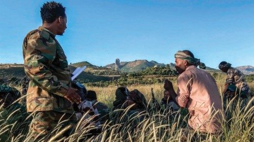 (FILES) In this file photo taken on November 10, 2020, Amhara militia men, that combat alongside ...
