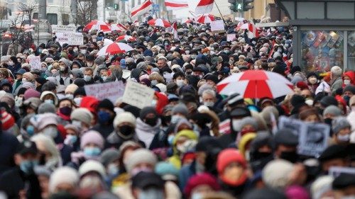 epa08823718 Belarusian pensioners march during a rally to protest against the government and ...