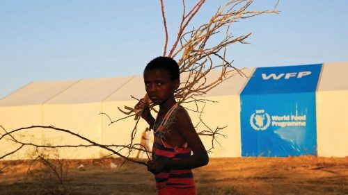 An Ethiopian refugee fleeing from the ongoing fighting in Tigray region, walks past a world food ...