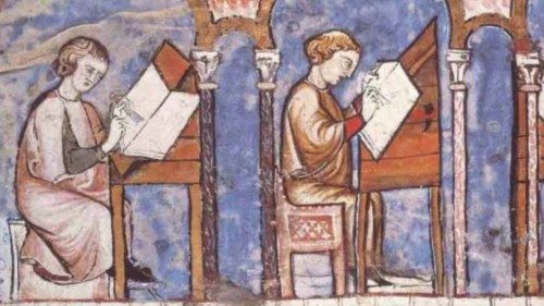 Miniatura raffigurante la Schola Palatina voluta da Carlo Magno Miniatura raffigurante la Schola Palatina voluta da Carlo Magno