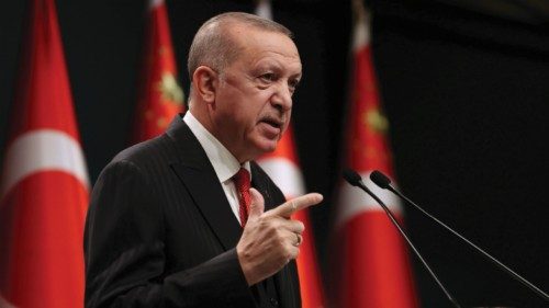 Turkish President Tayyip Erdogan talks during a news conference following a cabinet meeting in ...