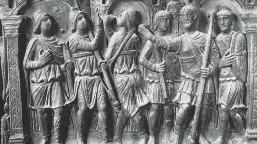 «Incontro di Erode con i magi» (Sarcofago “a porte di città” di Catervio, Tolentino, IV secolo d. C.)