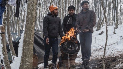 Migrants from Bangladesh stand at a makeshift camp in the woods as hundreds of them are taking ...