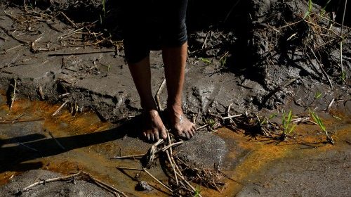 A man stands in the banks of the Coca and Napo rivers after an oil spill, in Rio Napo, Ecuador ...