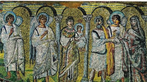 «Presentazione al tempio», mosaico sull’Arco trionfale della basilica di Santa Maria Maggiore a Roma (acquerello Wilpert)