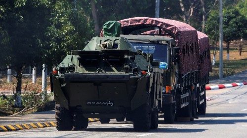 Myanmar Army armoured vehicles are seen after the military seized power in a coup in Naypyitaw, ...