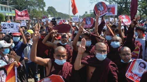 Buddhist monks march during a demonstration against the military coup in Naypyidaw on February 13, ... Buddhist monks march during a demonstration against the military coup in Naypyidaw on February 13, ...