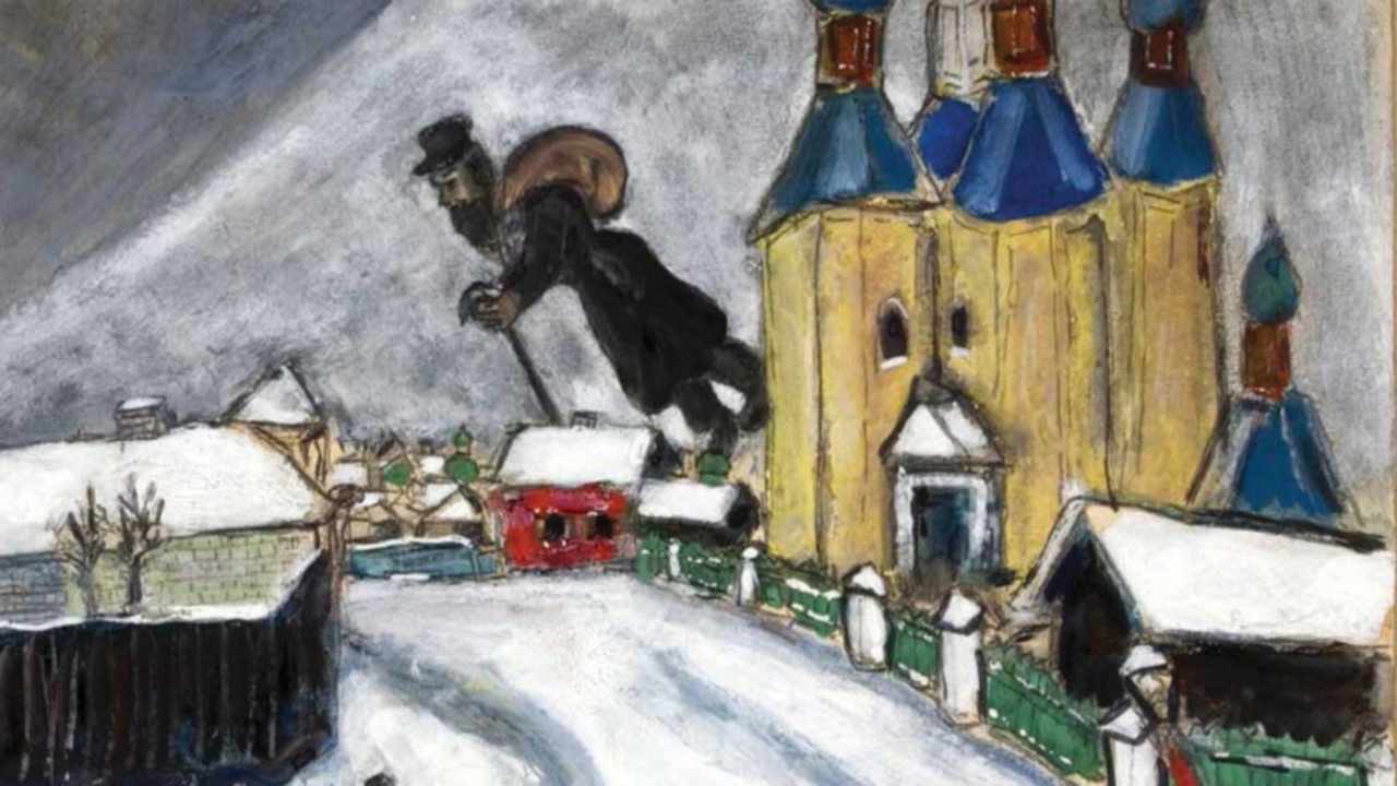 Nel quadro del 1914 "Sopra Vitebsk" si intravede l'ombra dell'ebreo errante che si allontana, ...