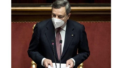 epa09017935 Italian premier Mario Draghi during his address to the Senate ahead of a confidence ...