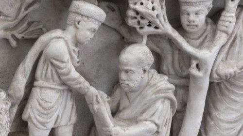 Sarcofago dei due fratelli. Particolare della cathedra Petri (Museo Pio Cristiano, Città del Vaticano, IV secolo)
