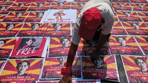 A demonstrator takes part in a protest against the military coup in Yangon, Myanmar, February 22, ...