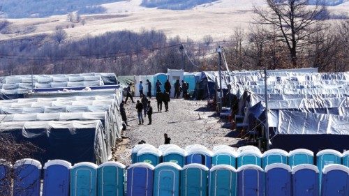 epa09021097 A general view over Lipa camp in Bihac, Bosnia and Herzegovina, 18 February 2021. The ...