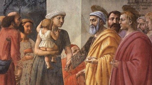 Masaccio, «La distribuzione dei beni e la morte di Anania», 1428 circa, affresco della Cappella Brancacci della Chiesa del Carmine di Firenze