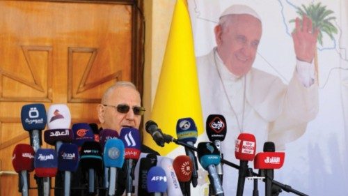 Cardinal Louis Raphael I Sako speaks during a news conference ahead of the planned visit of Pope ...