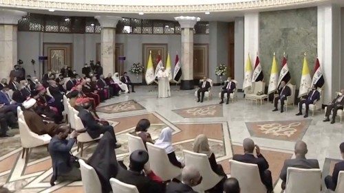 Pope Francis speaks at the Presidential Palace during his historic tour in Baghdad, Iraq, March 5, ...