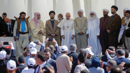 Pope Francis attends an inter-religious prayer at the ancient archeological site of Ur, ...