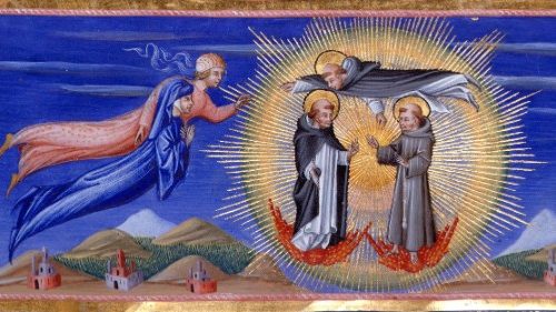 In Paradiso san Tommaso presenta a Dante e a Beatrice san Domenico e san Francesco (miniatura del ’400)