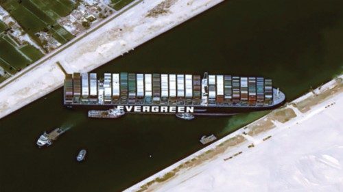 A satellite image shows stranded container ship Ever Given ran around in Suez Canal, Egypt March 25, ...