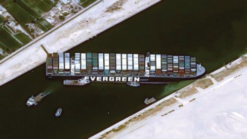 A satellite image shows stranded container ship Ever Given ran around in Suez Canal, Egypt March 25, ... A satellite image shows stranded container ship Ever Given ran around in Suez Canal, Egypt March 25, ...