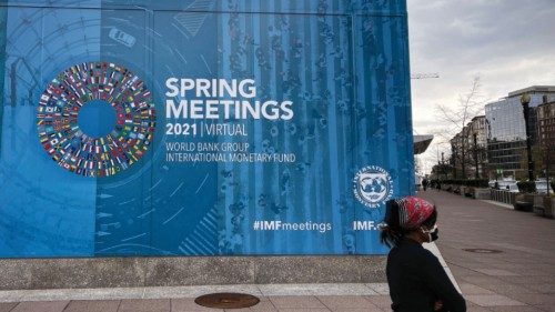 A sign is seen on April 1,2021 at the International Monetary Fund (IMF) building to announce the ...