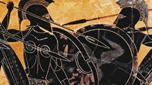 Combattimento di opliti (cratere del V secolo a.C., Museo Archeologico di Atene) Combattimento di opliti (cratere del V secolo a.C., Museo Archeologico di Atene)