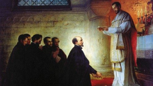 Dipinto raffigurante Ignazio di Loyola (inginocchiato al centro) che, con i suoi compagni, emette i voti fondando la Compagnia di Gesù: è il 15 agosto 1534