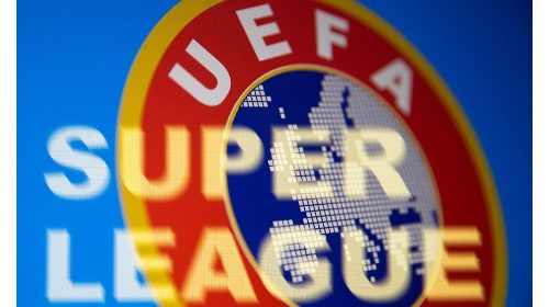 Super League words are seen in front of UEFA logo in this illustration taken April 19, 2021. ...