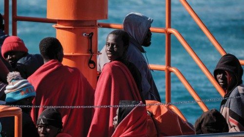 epa09159307 sub-Saharan migrants arrive at Arguineguin's port after being rescued by Spanish ...