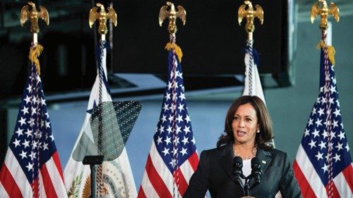 US Vice President Kamala Harris speaks after touring a Covid-19 vaccination site at M&T Bank Stadium ...