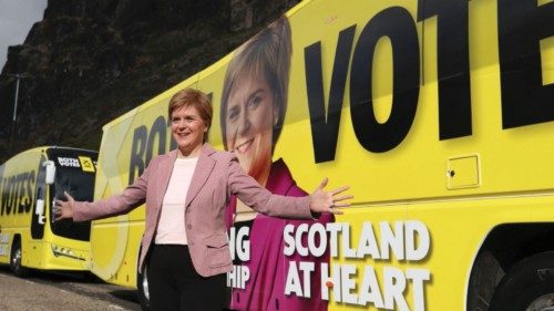 Scotland's First Minister and leader of the Scottish National Party (SNP), Nicola Sturgeon poses in ...