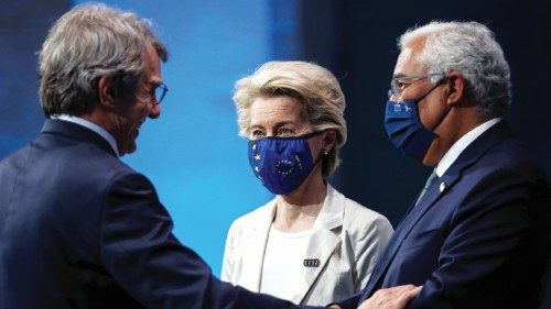 European Parliament President David Sassoli, European Commission President Ursula von der Leyen and ...